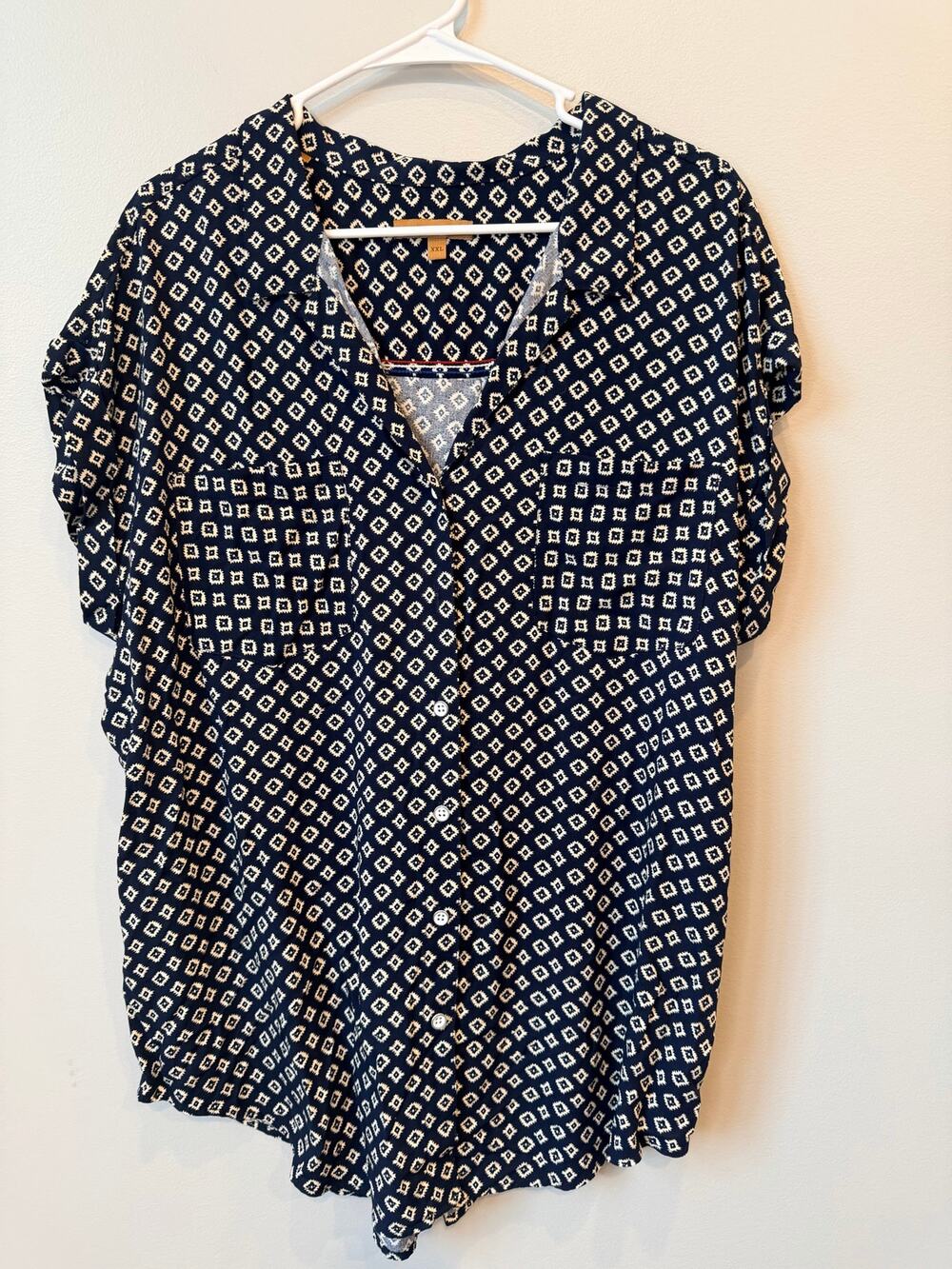 Jachs Girlfriend Navy Blue White Geometric Diamond Button Front Blouse XXL